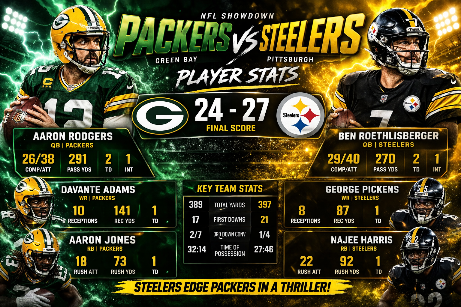 Green Bay Packers vs Pittsburgh Steelers Match Player Stats