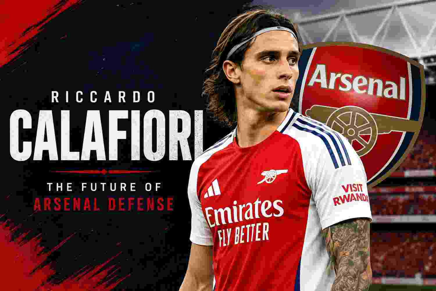 Riccardo Calafiori wearing an Arsenal jersey in a football stadium