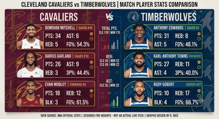 Cleveland Cavaliers vs Timberwolves Match Player Stats